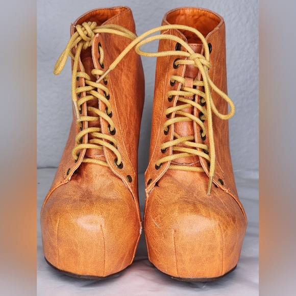 VINTAGE BRAND Orange Lave-Up Platform Heeled Ankle Booties. Size: 6.5 - Picture 3 of 10